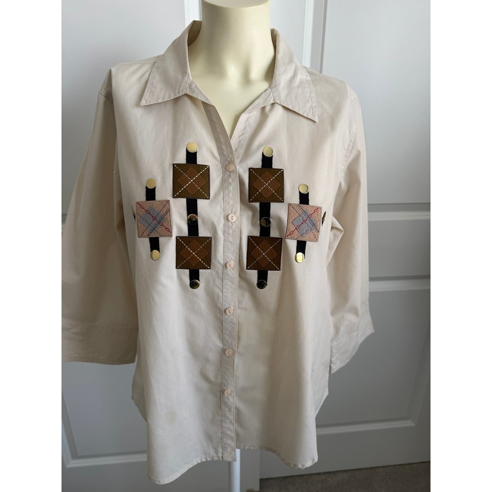 Las Olas Vintage Cottagecore Grannycore Patchwork Button Down Blouse Cream M